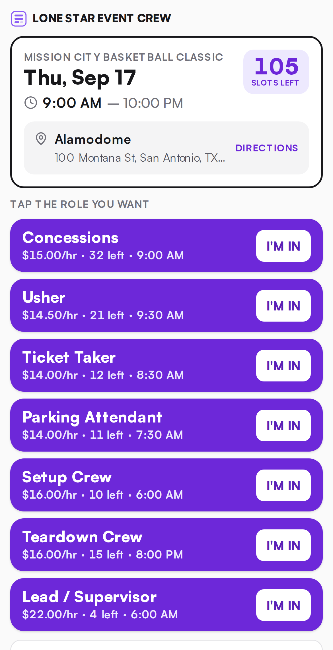 The worker's view on a phone: event name, date, venue with directions, and a purple button for each open role showing pay rate, seats left, and start time.